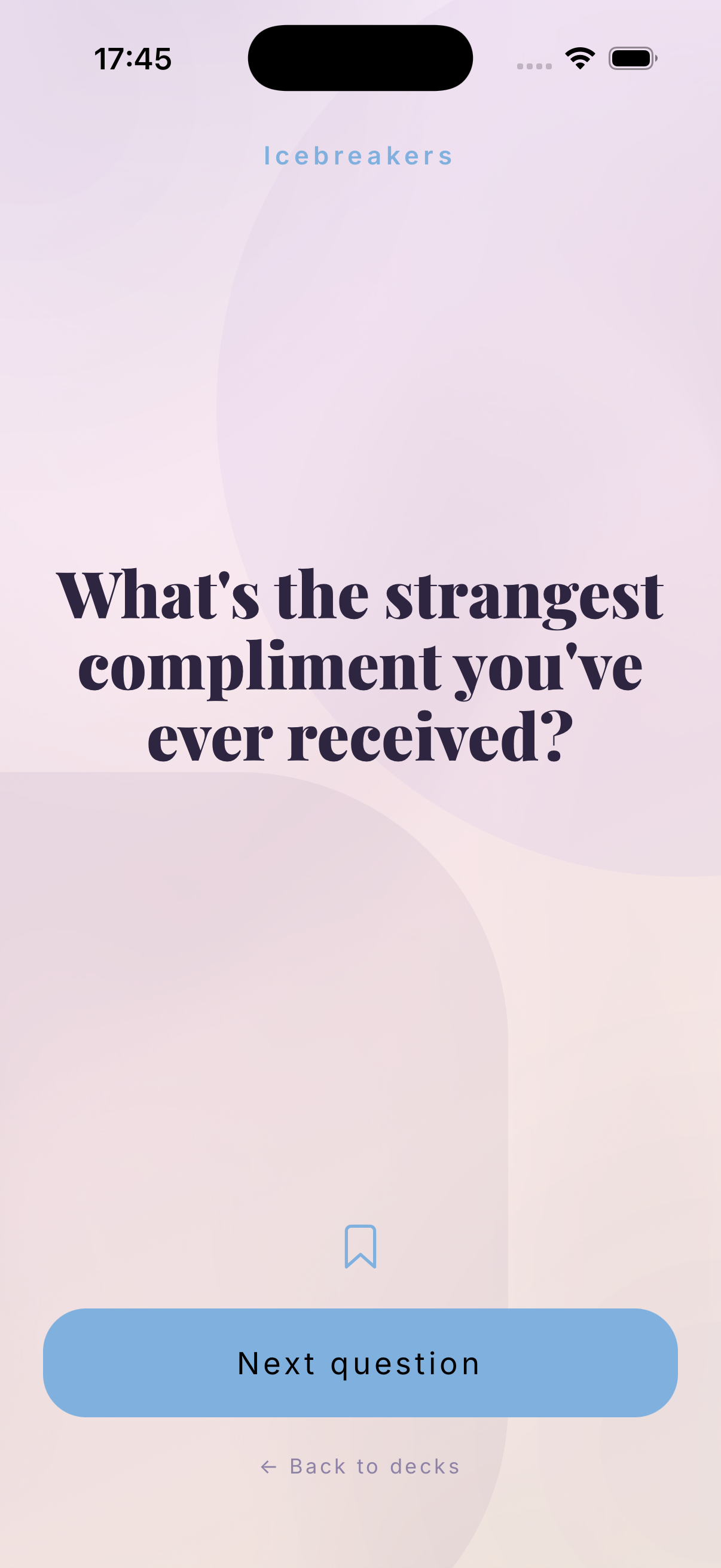 Talk conversation starters app showing an icebreaker question: What's the strangest compliment you've ever received?